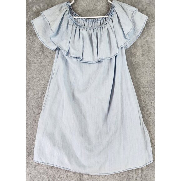 Sneak Peak Dress Womens Small Light Blue Chambray Off the Shoulder Casual Mini - Picture 2 of 11